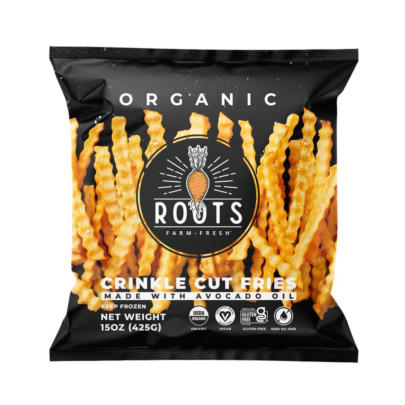 The seed oil free fries in the crinkle cut style from Roots Farm Fresh.