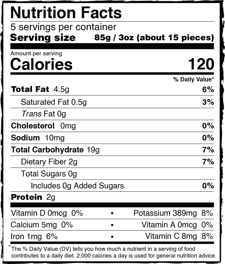The nutrition label for the Roots Farm Fresh Seed Oil Free Crinkle Cut White Fries.