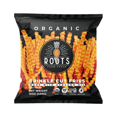 The seed oil free sweet potato crinkle fries from Roots Farm Fresh.