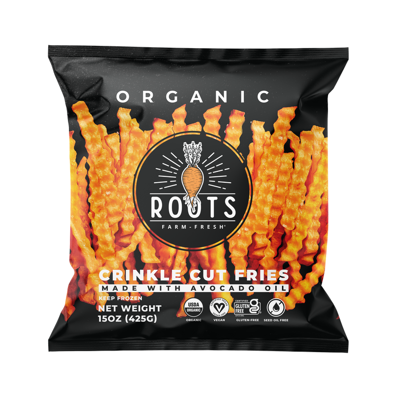 The seed oil free sweet potato crinkle fries from Roots Farm Fresh.