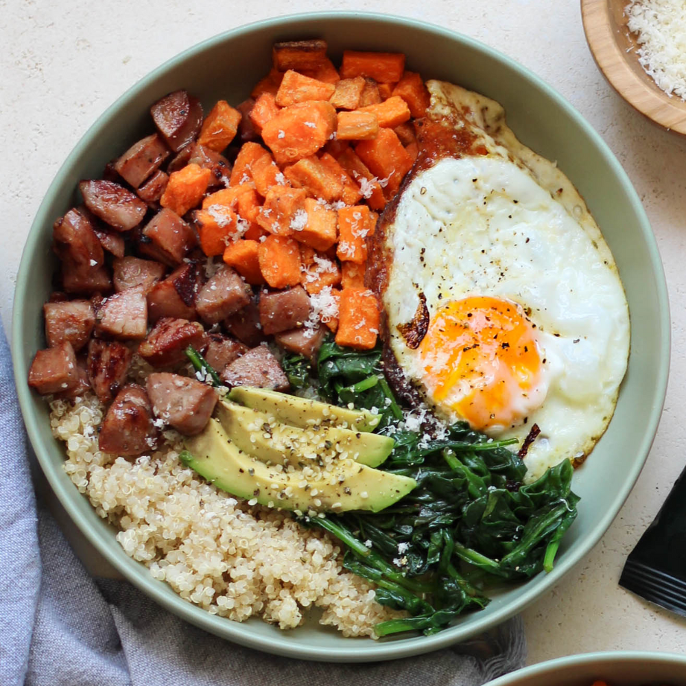Healthy, Gluten Free Breakfast Bowl Made with Chicken Sausage and Sweet Potato Croutons