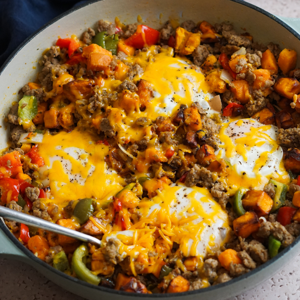 Easy High Protein Breakfast Hash with Sweet Potato Croutons