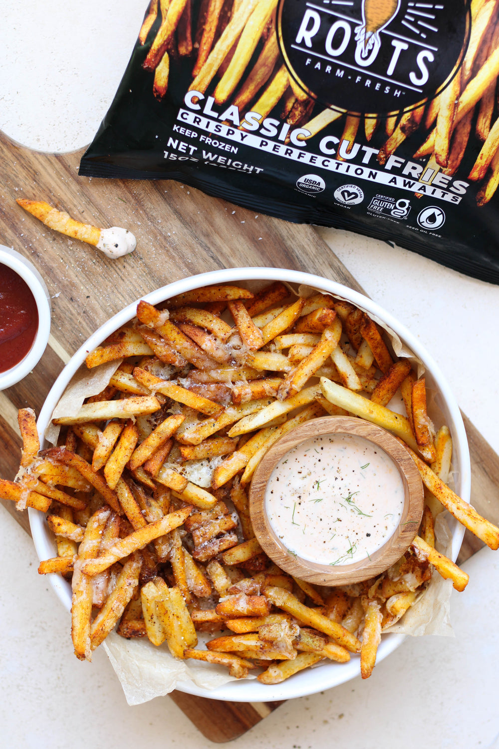 Crispy Seed Oil Free Straight-Cut Fries with Parmesan and Homemade Basil Garlic Aioli
