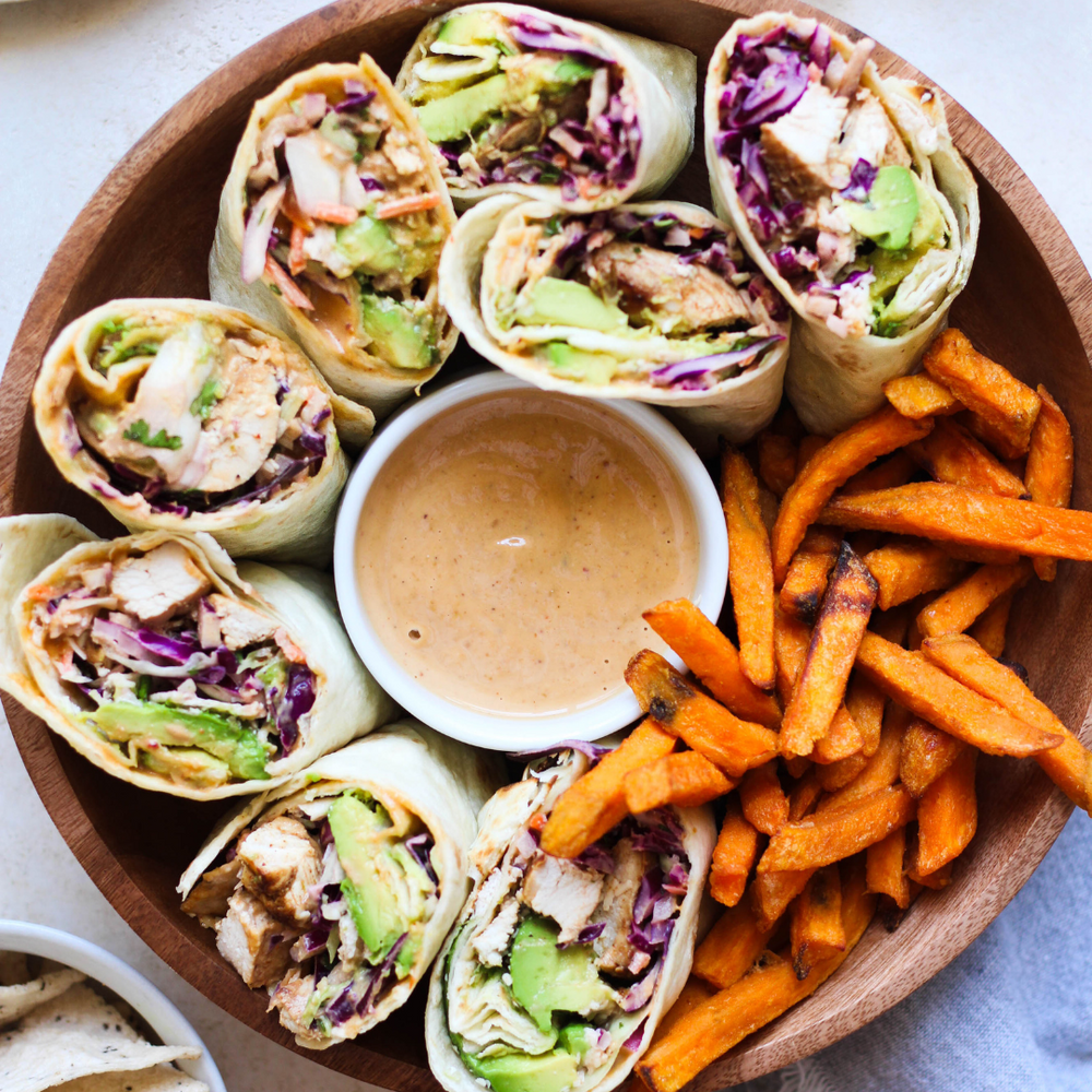 High Protein Chipotle Chicken Wraps with Crispy Sweet Potato Fries