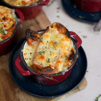 Classic French Onion Soup with Organic Sweet Potato Toasts