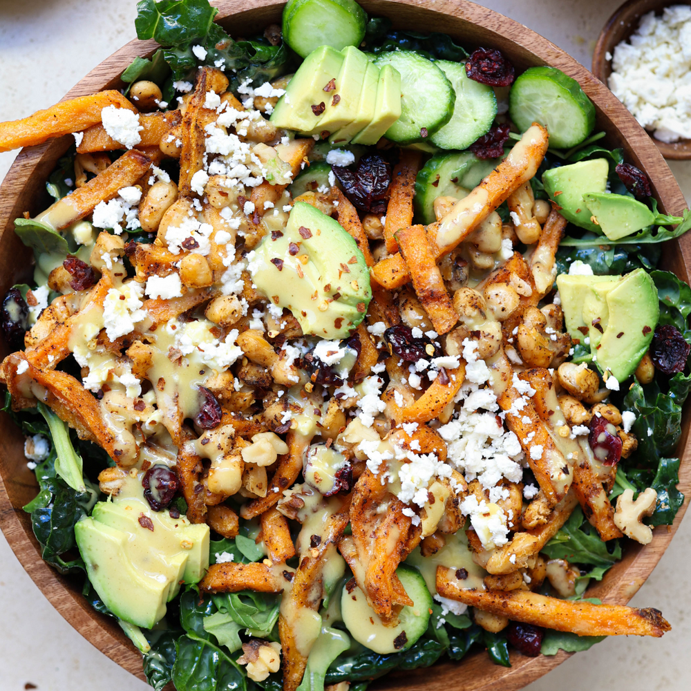 Kale Salad with Organic Sweet Potato Fries and Honey Mustard Dressing