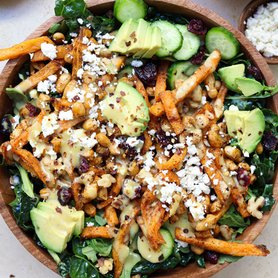 Kale Salad with Organic Sweet Potato Fries and Honey Mustard Dressing