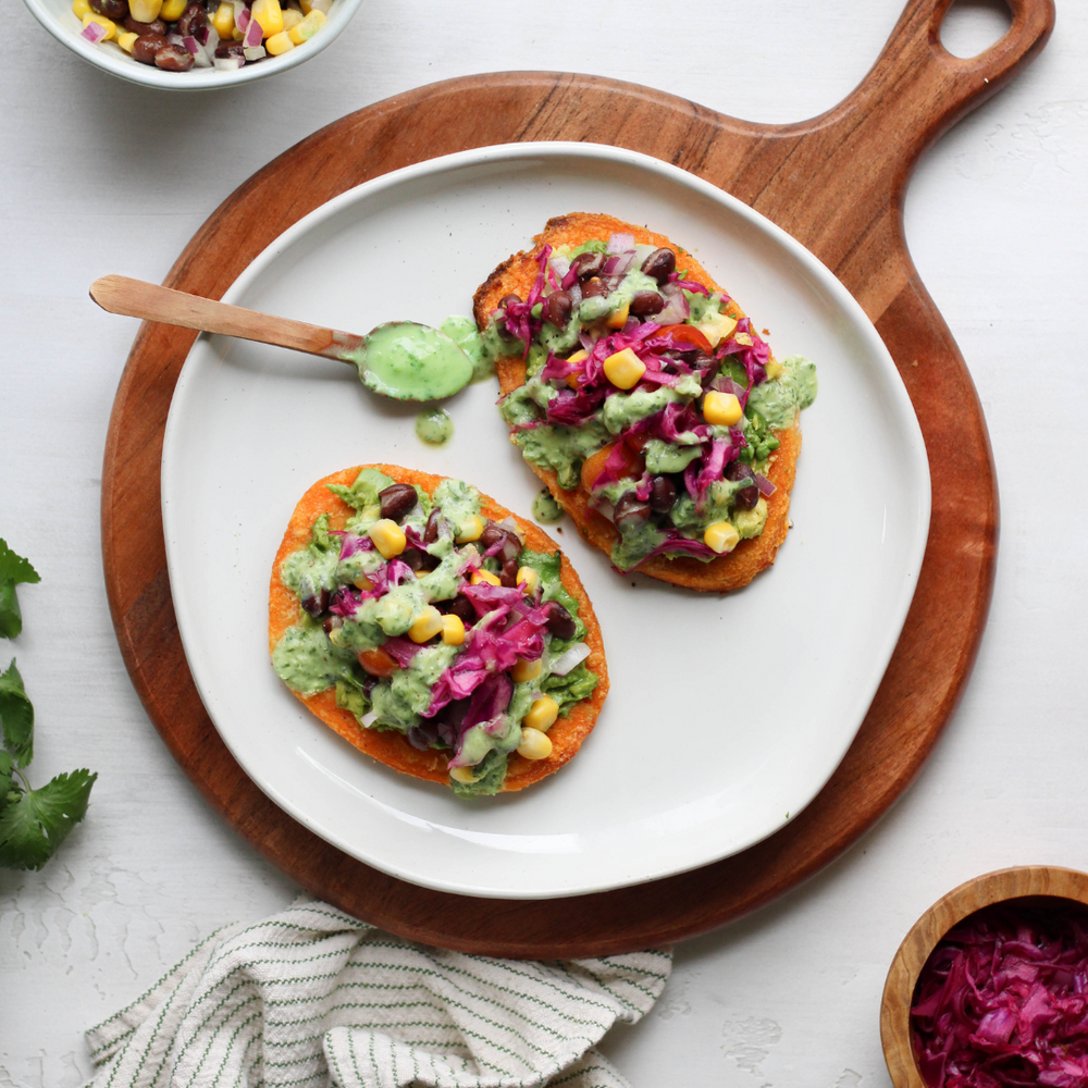 Vegetarian Sweet Potato Toasts with Green Goddess Dressing