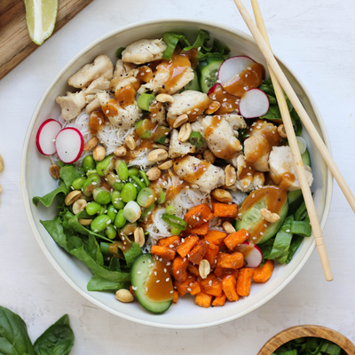 Protein-Packed Spring Roll Bowl with Organic Sweet Potato Croutons and Creamy Peanut Lime Sauce