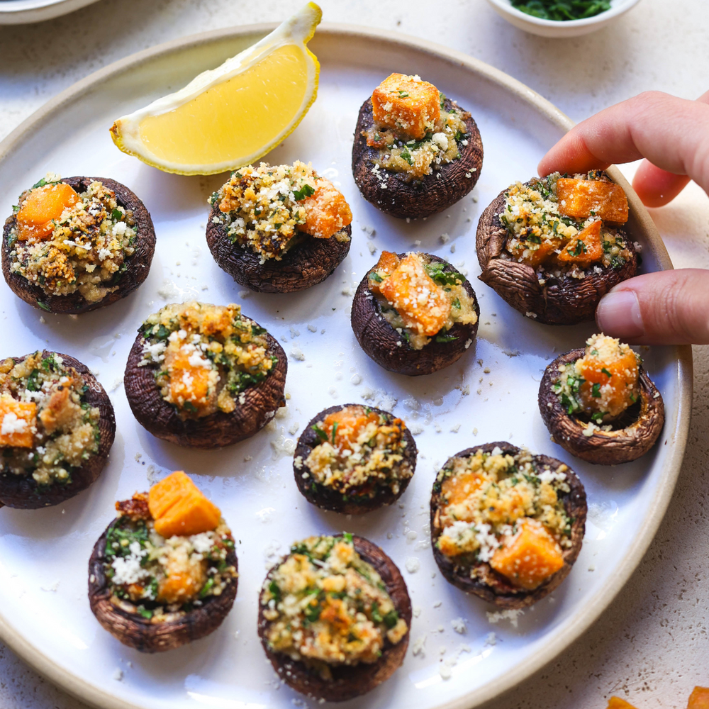 Baked Stuffed Mushrooms with Organic Sweet Potato Croutons