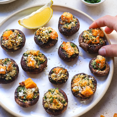 Baked Stuffed Mushrooms with Organic Sweet Potato Croutons