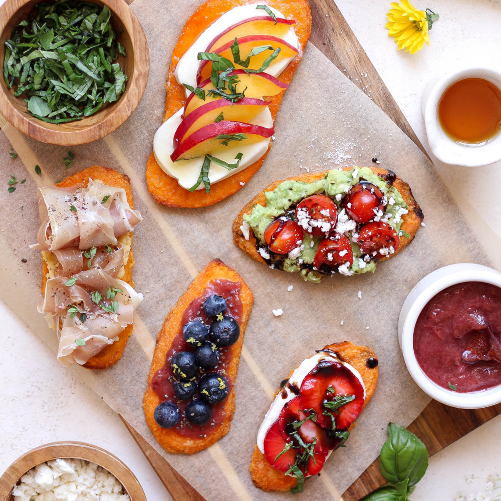 Gluten Free Sweet Potato Toast Appetizers, Five Ways