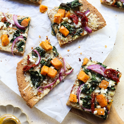 Vegetarian Sweet Potato Crouton Flatbread with Sundried Tomatoes and Feta