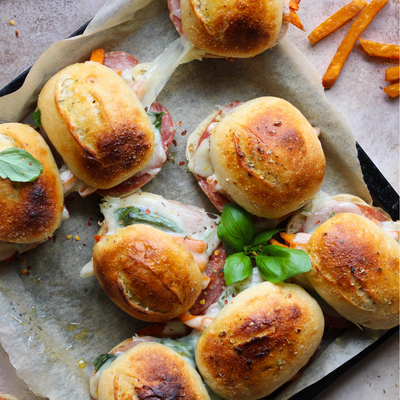 Italian Sub Sliders with Organic Sweet Potato Fries and Garlic Parmesan Butter
