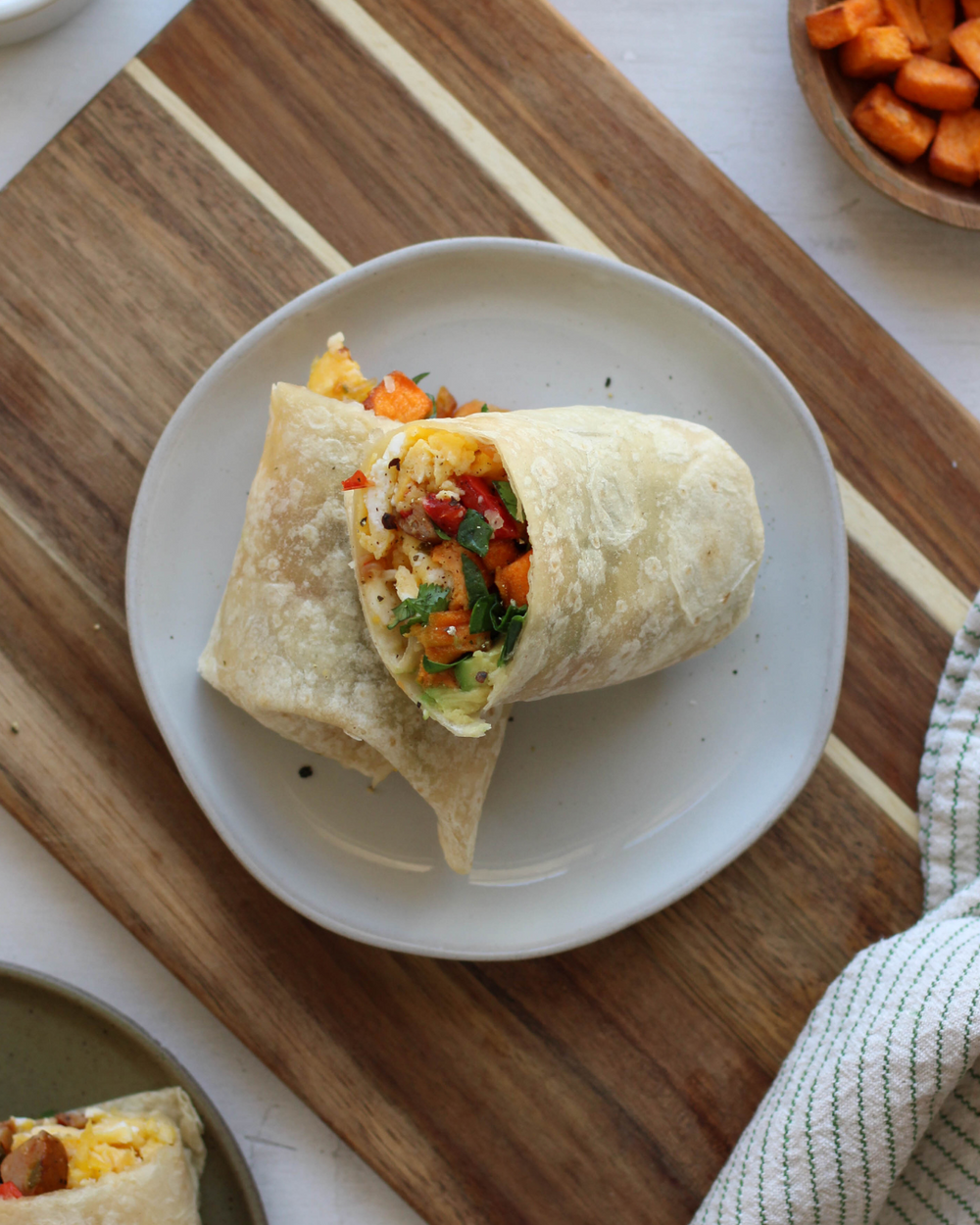 Protein-Packed Egg and Sausage Breakfast Burritos with Organic Sweet Potato Croutons