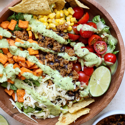 Protein-Packed Vegetarian Taco Salad with Organic Sweet Potato Croutons