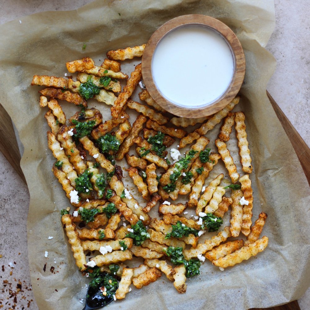 Crispy Seed Oil Free Crinkle-Cut Fries with Herby Chimichurri and Creamy Whipped Feta
