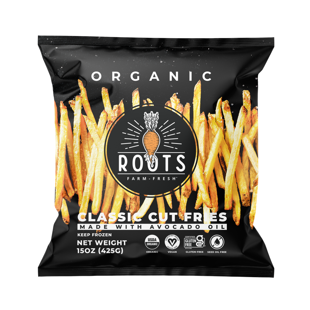 The seed oil free fries in the classic cut style from Roots Farm Fresh.